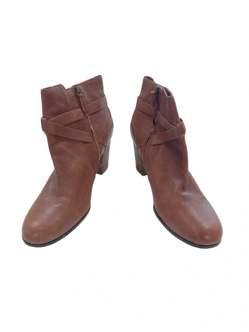 Cole Haan Brown Leather Ankle Booties Size 11B Block Heel Buckle Strap side zip